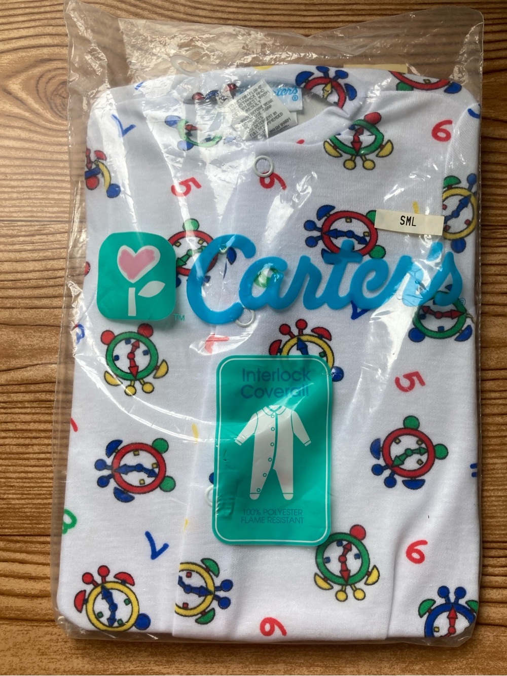 NWT Vintage Carters Baby Interlock Knit Coverall Size Small Clocks Time Numbers